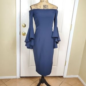 MILLY Black Selena Italian Cady Bell Sleeve Midi Cocktail Dress